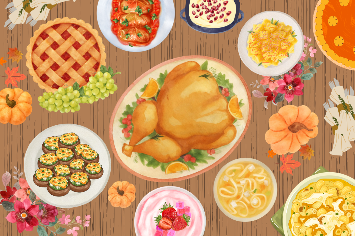 A graphic depicting a Thanksgiving table complete with The Hustler's staff unique dishes.  (Hustler Multimedia/Ana Bjorgvinsson) 