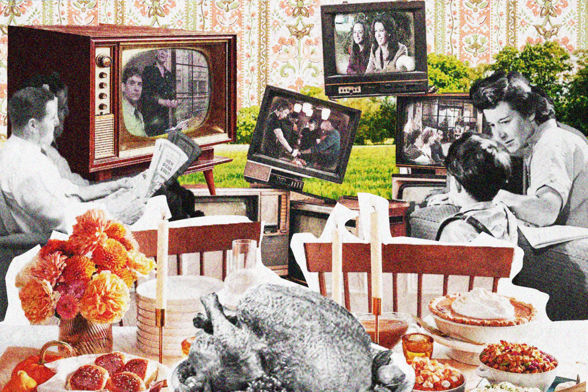 A graphic depicting a Thanksgiving dinner with multiple TV sets displaying films and TV shows. (Hustler Multimedia/Ram Martinez)
