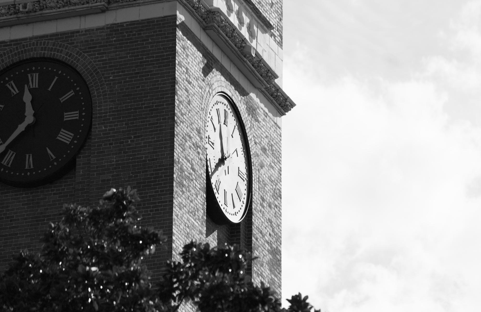 Light illuminates the Kirkland Hall clocktower in a black-and-white photograph, as photographed on Aug. 29, 2025. (Hustler Multimedia/George Albu)