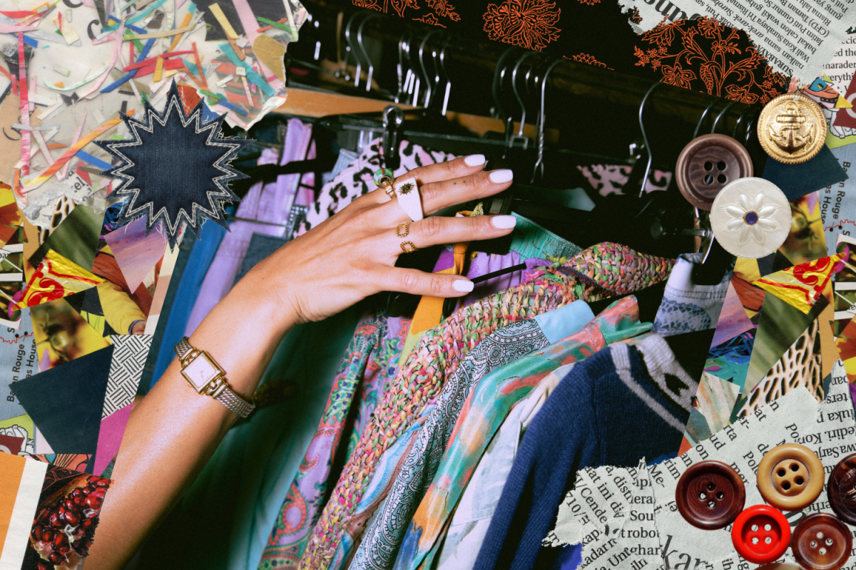 Graphic featuring a hand, adorned with rings, selecting vibrant retro clothing, surrounded by a collage of buttons and fabric textures. (Hustler Multimedia/Lexie Perez)