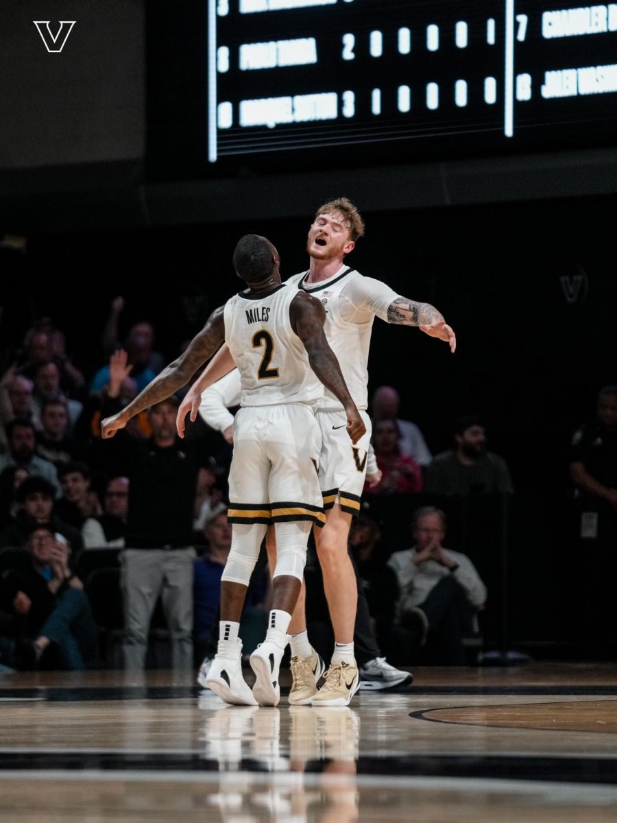 Duke Miles and Tyler Nickel celebrate with each other. (Vanderbilt Athletics)