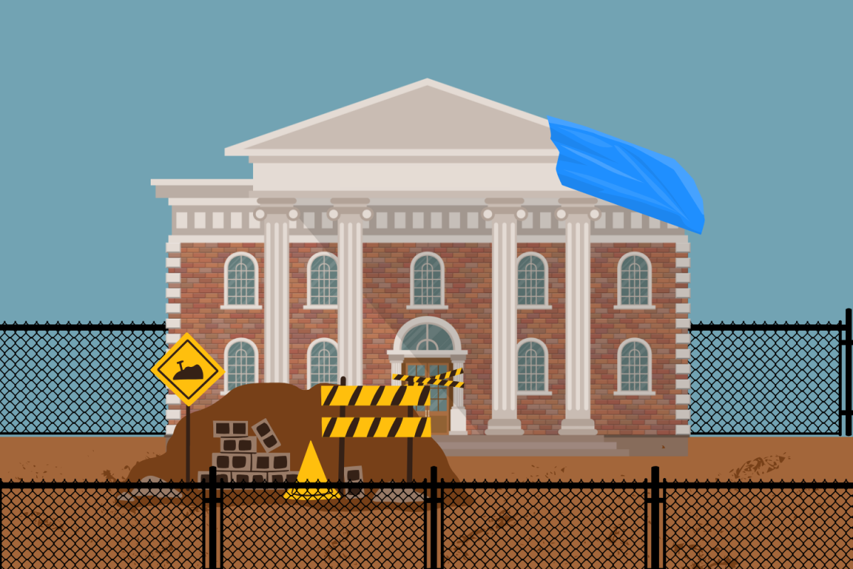 A graphic depicting a college dormitory under construction. (Hustler Multimedia/Lexie Perez)