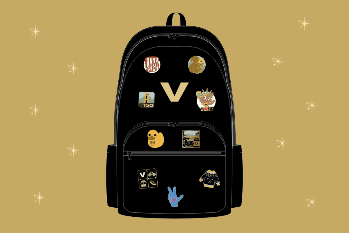 A graphic depicting a Vanderbilt backpack with enamel pins. (Hustler Multimedia/Alice Chen)