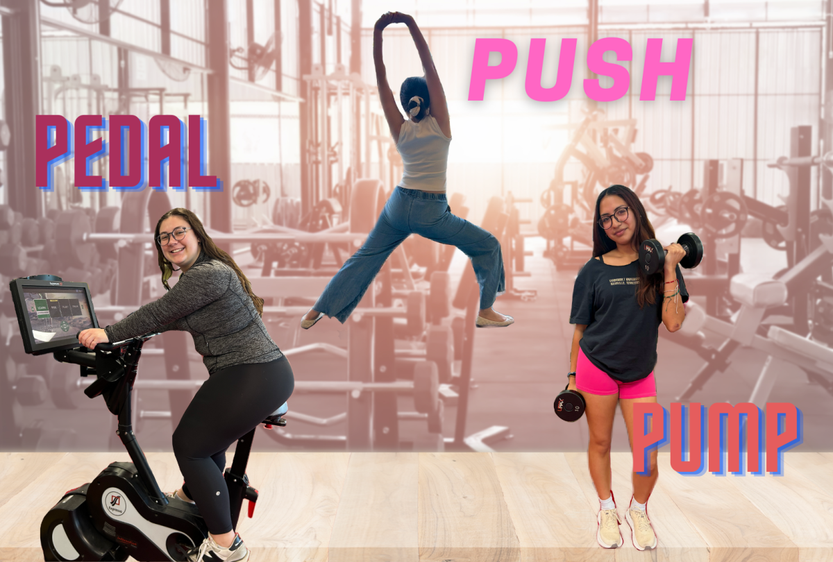 Graphic depicting Kailey Aldrich on a spin bike, Elise Yang doing a yoga pose and Daniela Aguilar holding a pair of dumbbells against a backdrop of a gym. (Hustler Multimedia/Daniela Aguilar)