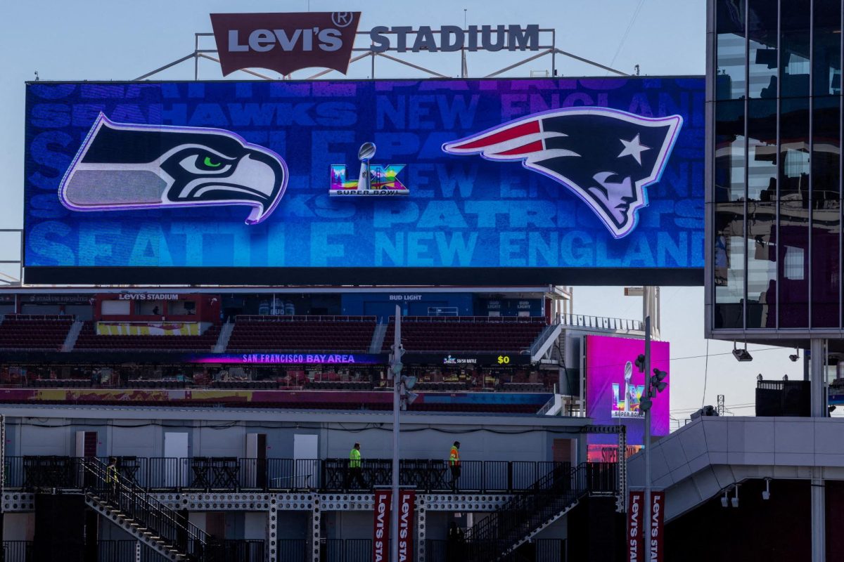 A sign in Levi Stadium depicting Bowl LX game between the New England Patriots and the Seattle Seahawks in Santa Clara, California, Feb. 3, 2026. (Photo Courtesy of REUTERS/Carlos Barria)