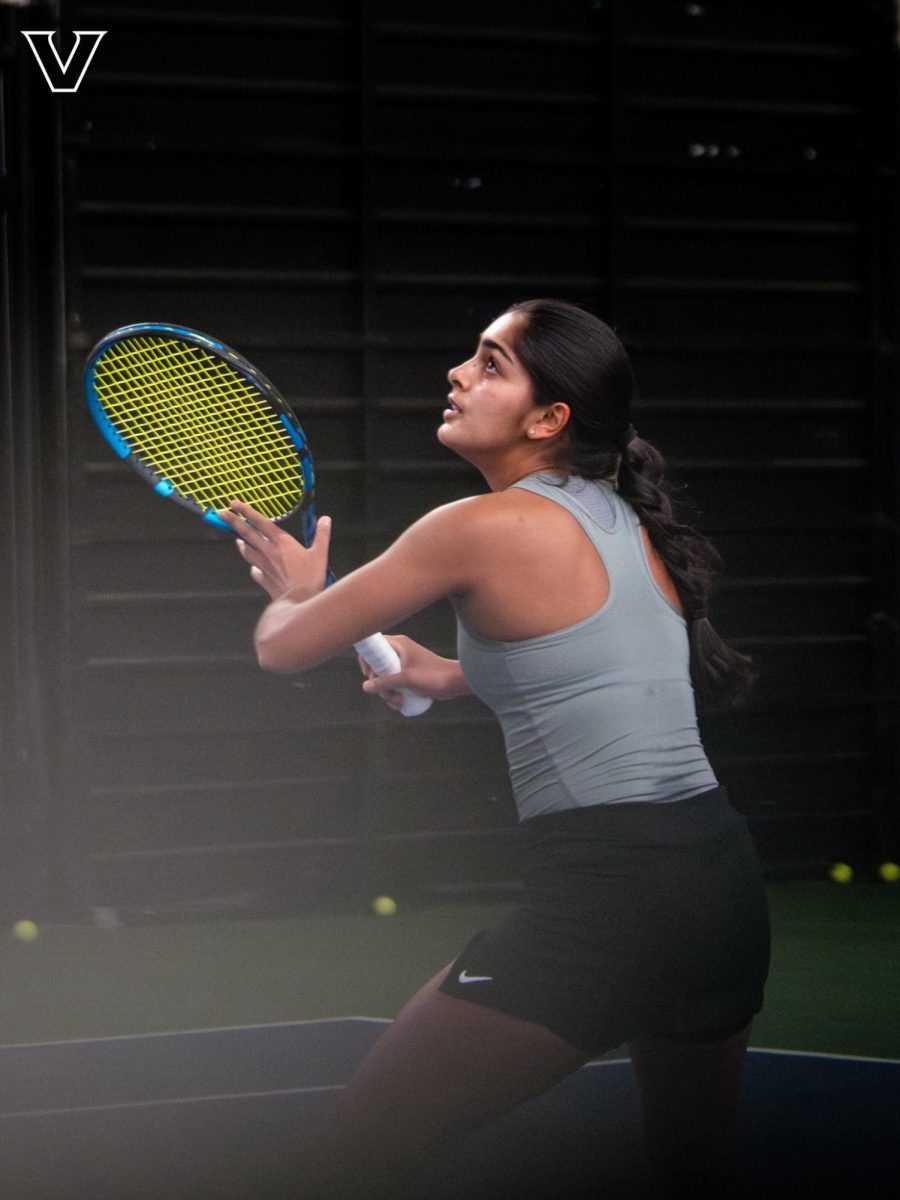 Trinetra Vijayakumar tracks the ball to return a shot, as photographed Feb. 13, 2026. (Vanderbilt Athletics) 