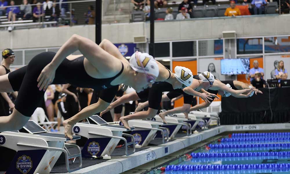 Three Vanderbilt swimmers dive into the pool, as photographed Feb. 16, 2026. (Vanderbilt Athletics)