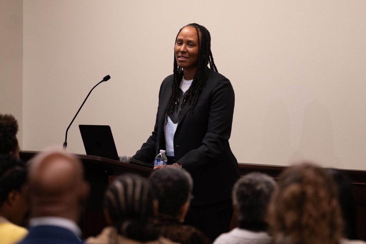 Chamique Holdsclaw, WNBA Hall of Famer and Olympic Gold Medalist, speaks to the audience at the 18th Annual Murray Lecture, as photographed Feb. 11, 2026. (Hustler Multimedia/Abbie Bobeck) 