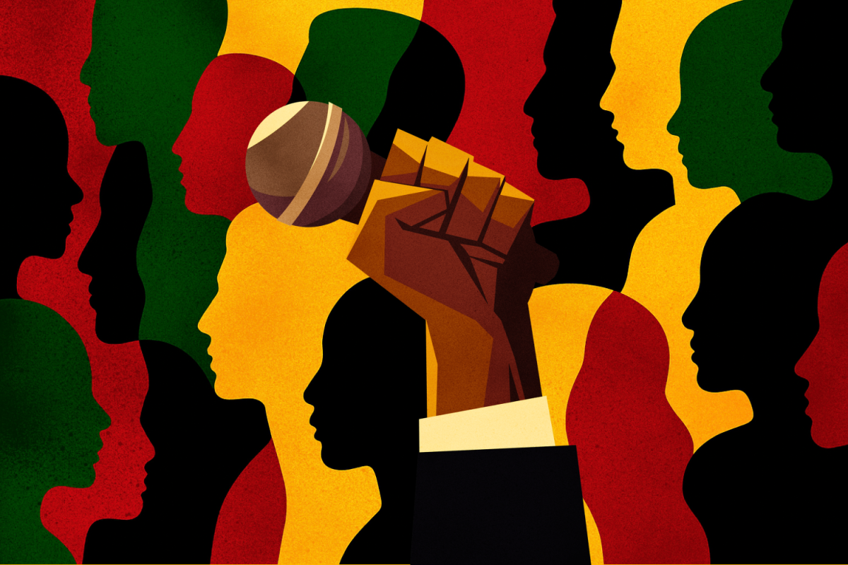 Graphic depicting the hand of Martin Luther King Jr. holding a microphone above a crowd. (Hustler Multimedia/Sragvi Dara)