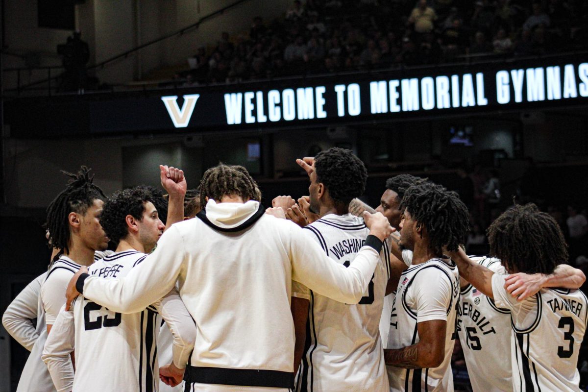 Vanderbilt men’s basketball team huddles up, as photographed on Feb. 14, 2026. (Hustler Multimedia/Rachel Loomis)