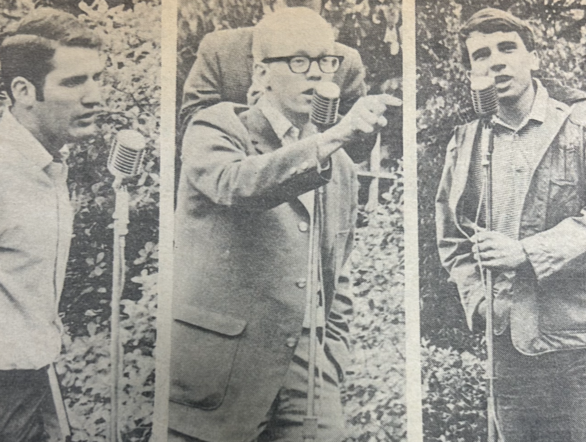 Doug Bates III (center) speaks out at Rand Hall in the spring of 1969. (Courtesy of Doug Bates III)