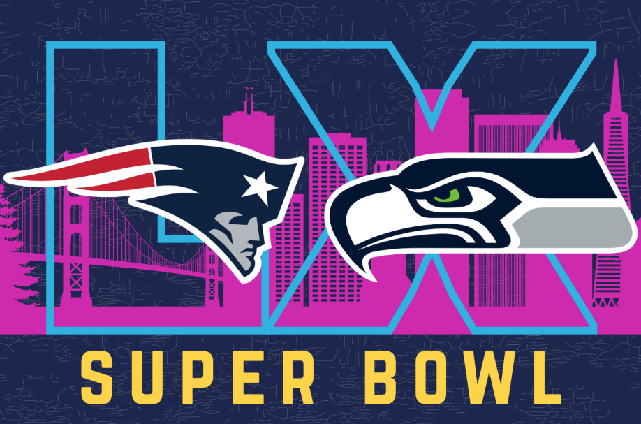 The New England Patriots and Seattle Seahawks logos face off with a Superbowl LX graphic in the background. (Hustler Multimedia/Lexie Perez) (Logos courtesy of SportsLogos.net)