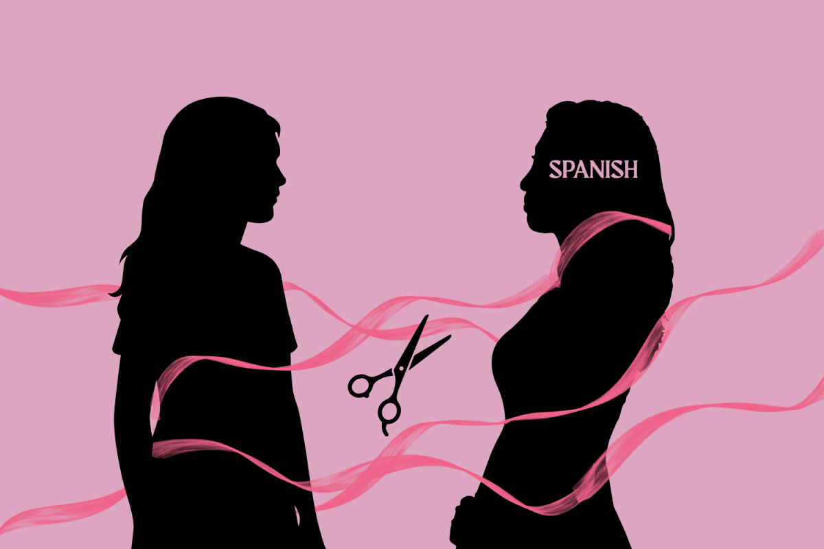 Graphic depicting a ribbon symbolizing a person’s relationship with Spanish being cut. (Hustler Multimedia/Zarrin Zahid)