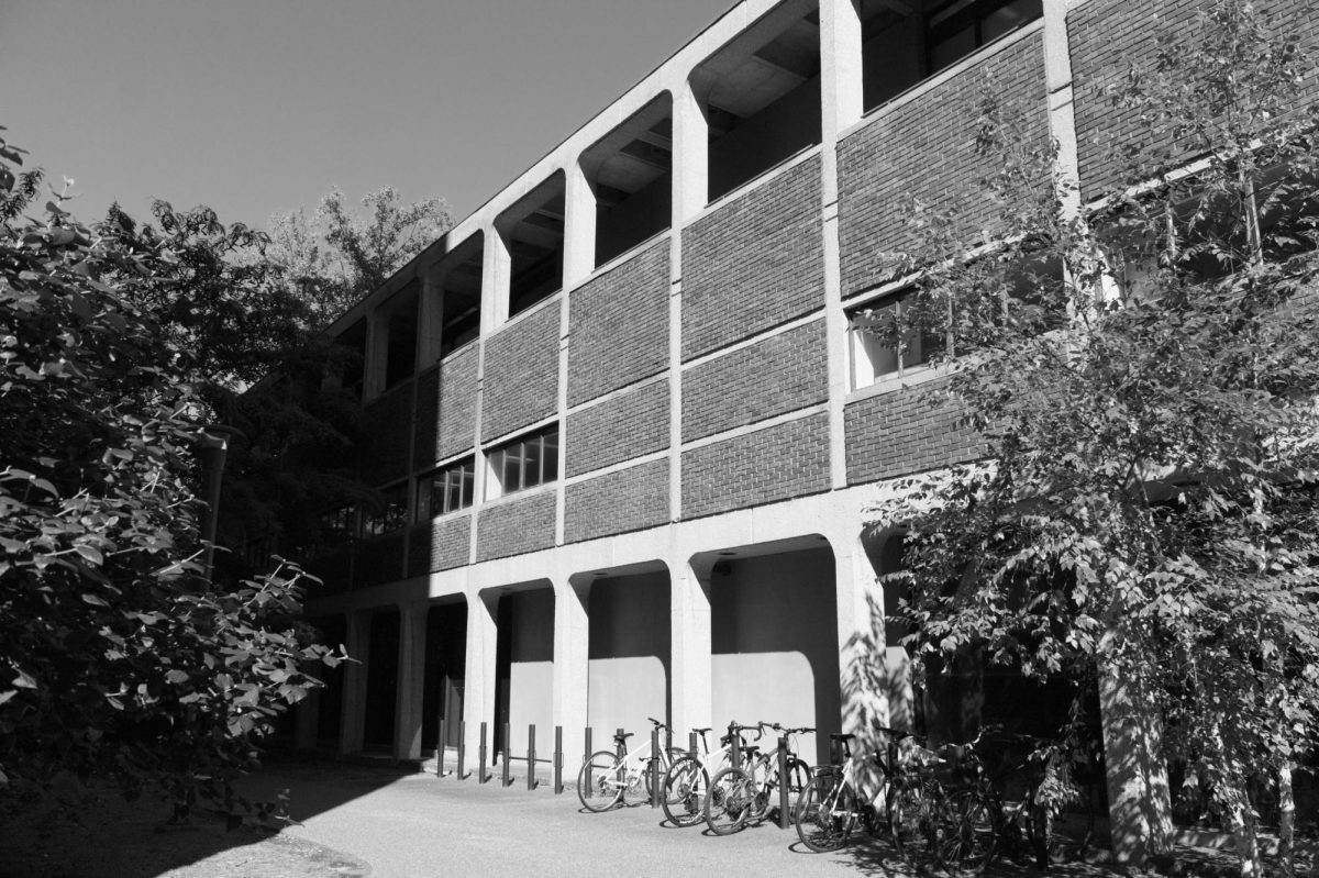Black-and-white photo of Stevenson Math building illuminated by afternoon sunlight, as photographed Oct. 12, 2025. (Hustler Multimedia/George Albu)