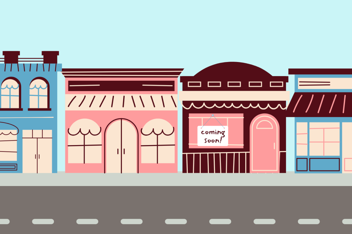 Graphic depicting colorful storefronts lining a street, with one of them displaying a “Coming soon!” sign. (Hustler Multimedia/Lexie Perez)