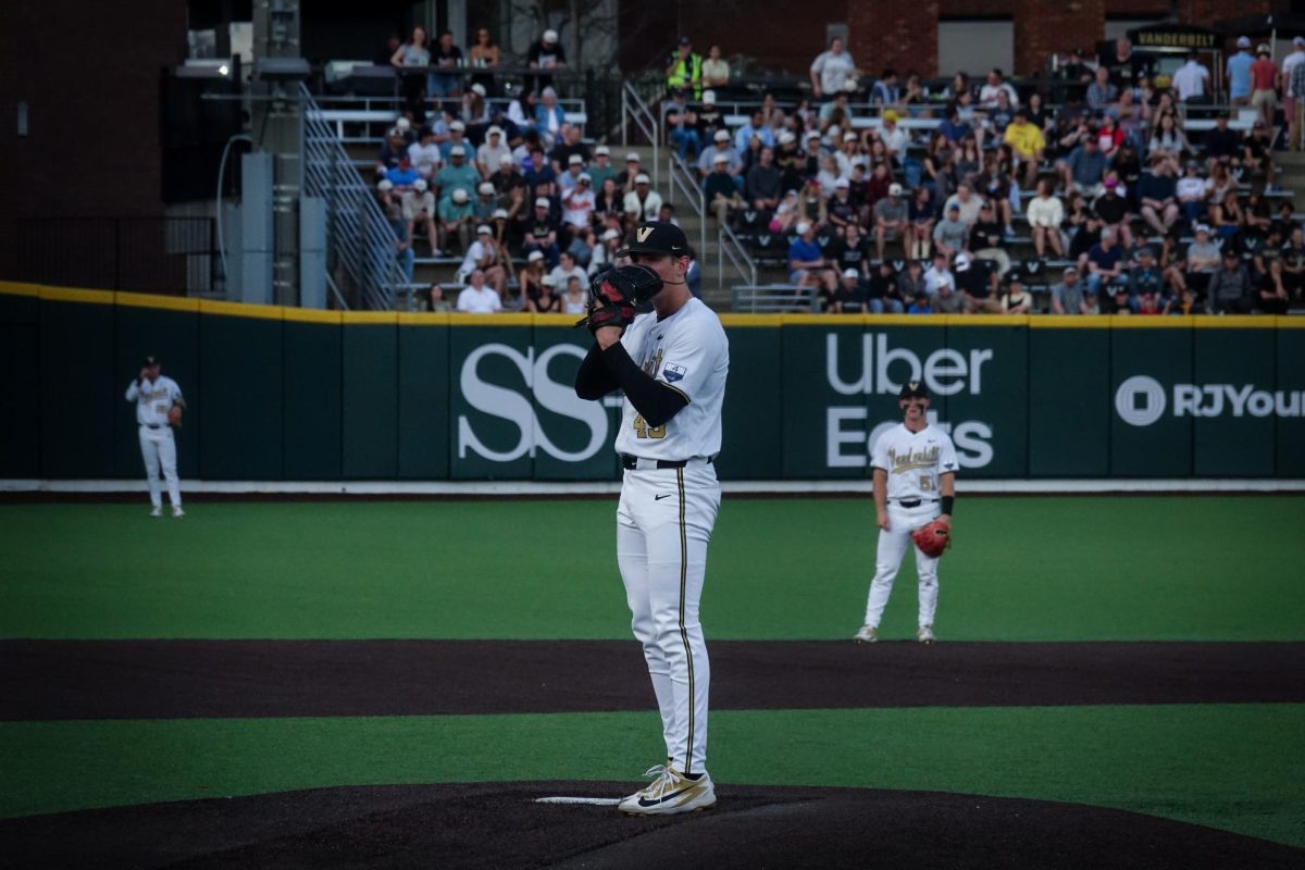 Vanderbilt's Connor Hamilton holds his glove in front of his face standing on the mound as he prepares to pitch, as photographed on March 31, 2026. (Hustler Multimedia/Rachel Loomis)