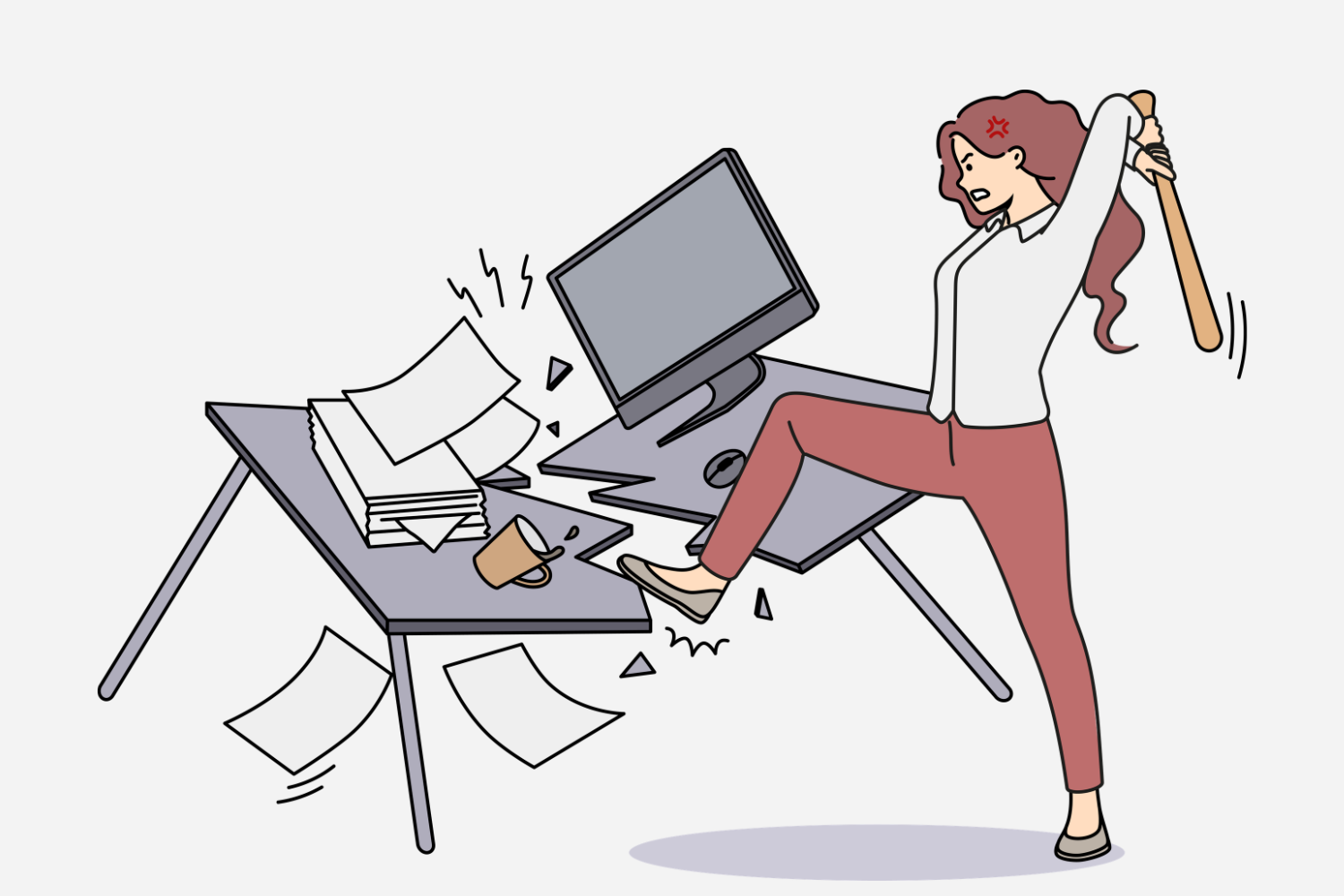 Graphic of an angry woman smashing a work desk with a baseball bat. (Hustler Multimedia/Sragvi Dara)