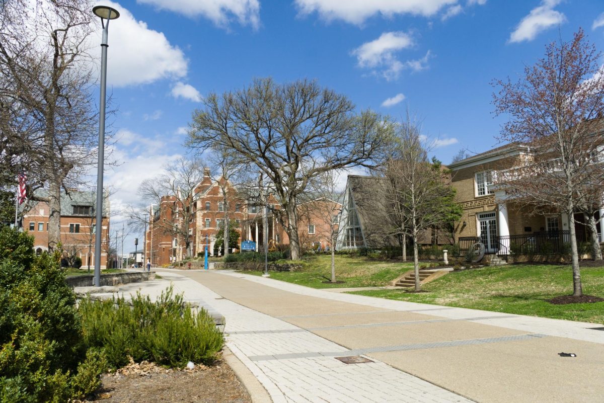 Greek Row and parts of Carmichael and Rothschild Residential Colleges sit under sunlight on a cloudy day, as photographed March 10, 2026. (Hustler Multimedia/George Albu)