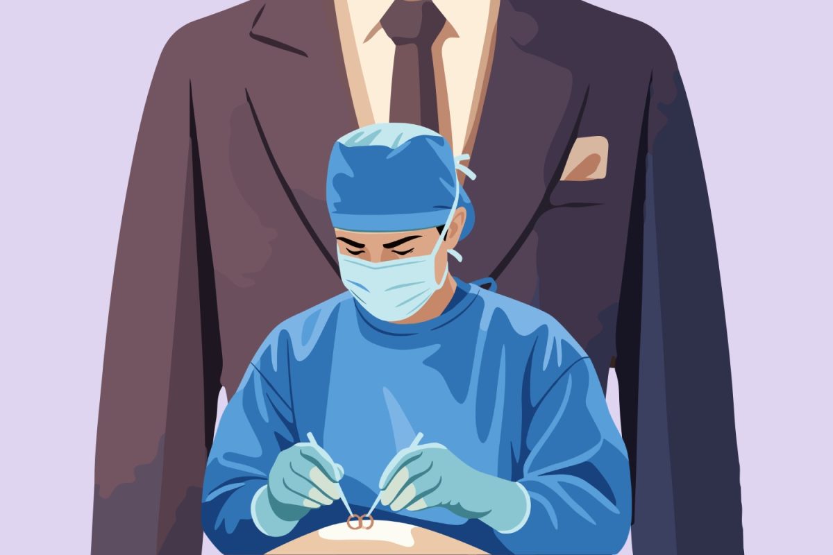 Government official looming over healthcare professional. (Hustler Multimedia/Sragvi Dara)