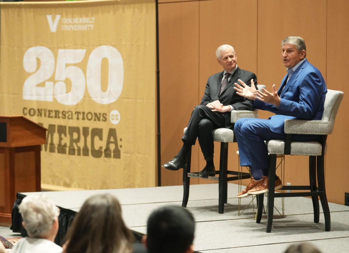 Jon Meacham interviews Joe Manchin in the Owen Graduate School of Management’s Ingram Great Room, as photographed March 2, 2026. (Photo Courtesy of Larry McCormack)