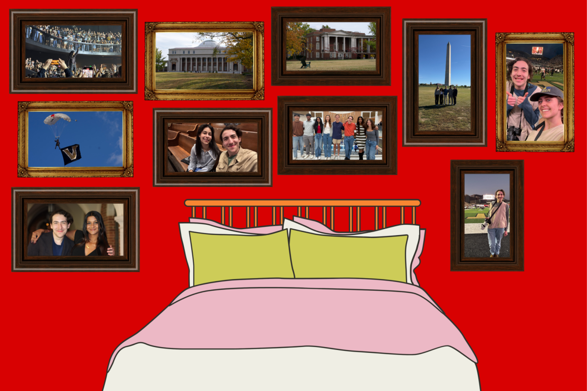 A graphic depicting framed photographs hanging on a wall behind a bed. (Hustler Multimedia/Alex Brodeur)