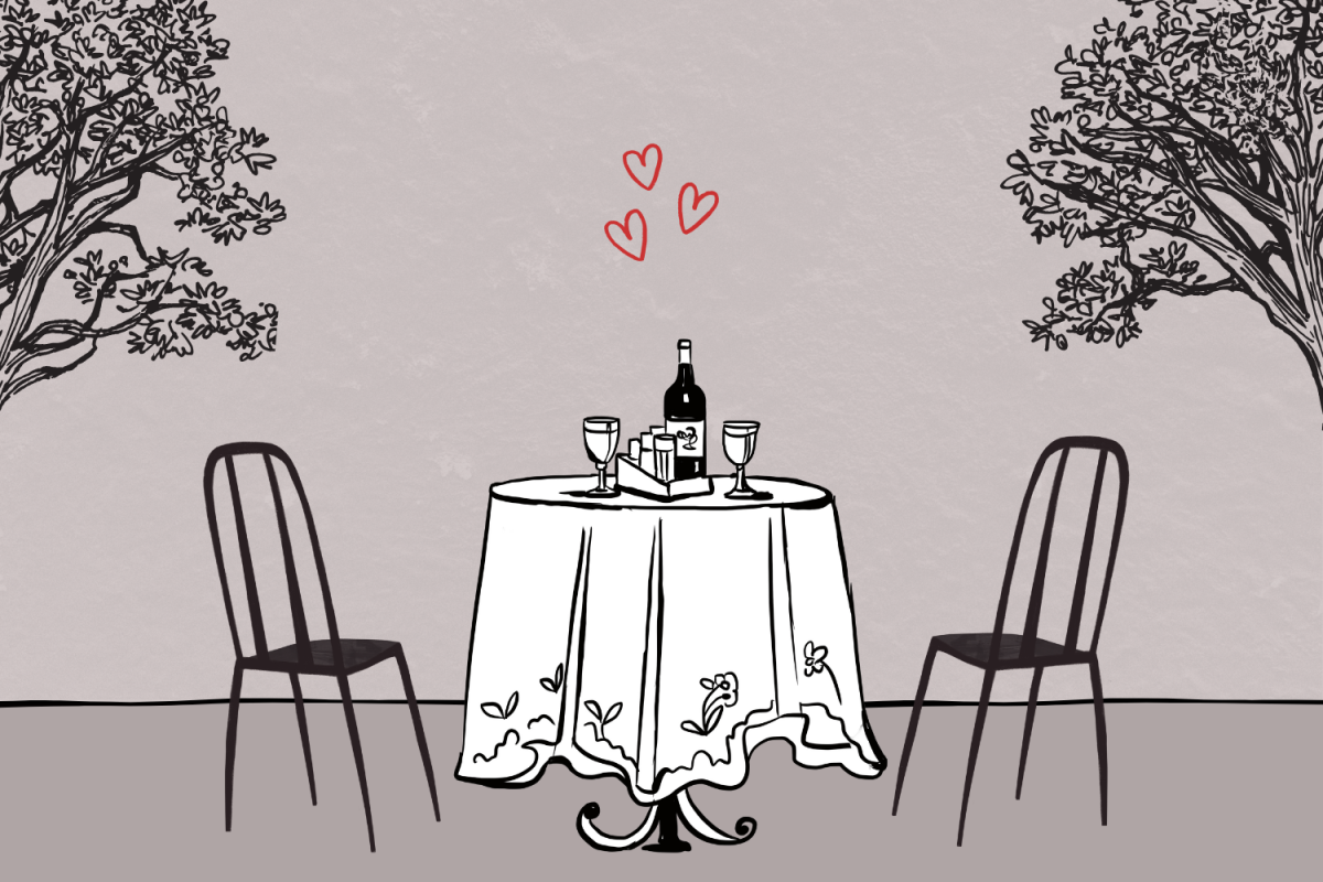 Graphic depicting two chairs on opposite side of a dinner table, with hearts floating above the table. (Hustler Multimedia/Lexie Perez)