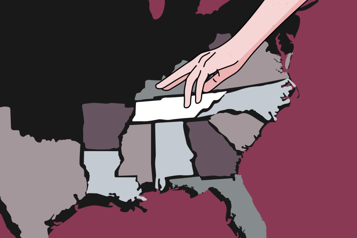A graphic depicting someone removing the state of Tennessee from a map of the southern states. (Hustler Multimedia/Lexie Perez)