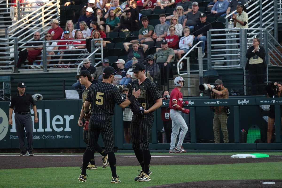 Connor Fennell and Mike Mancini meet at the pitcher's mound, as photographed April 9, 2026. (Hustler Multimedia/Meagan To)