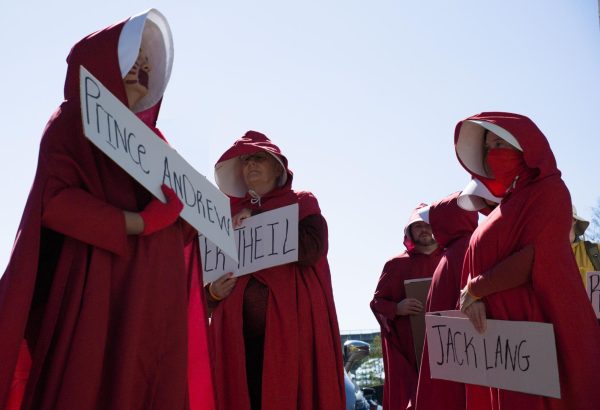 Women dress as Marthas at No Kings demonstration, as photographed March 28, 2026. (Hustler Multimedia/George Albu)  
