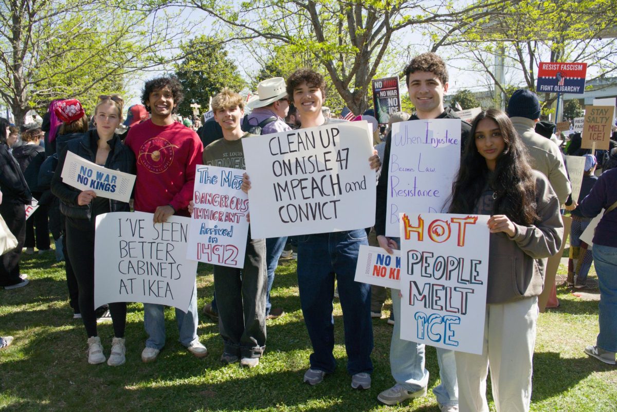 First-year Vanderbilt students hold various signs at the No Kings rally, as photographed March 28, 2026. (Hustler Multimedia/George Albu)