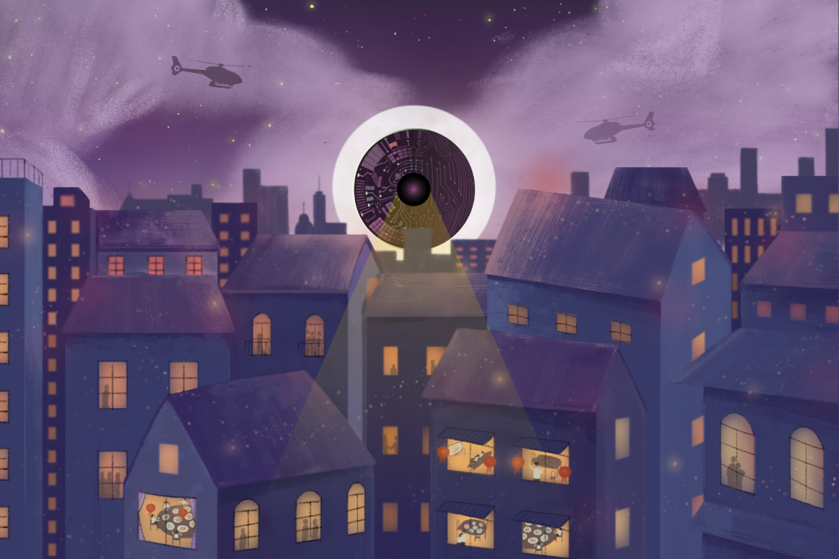 A graphic depicting a large, camera-like eye scanning a city at night, with helicopters overhead and people visible inside their homes as a beam of light shines down. (Hustler Multimedia/Sragvi Dara)