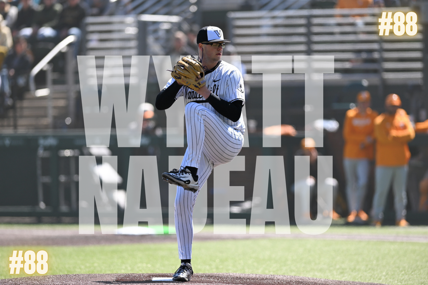 Wyatt Nadeau delivers a pitch to home plate with his name in bold letters in the foreground. (Hustler Multimedia/Brooke Hudacek)
