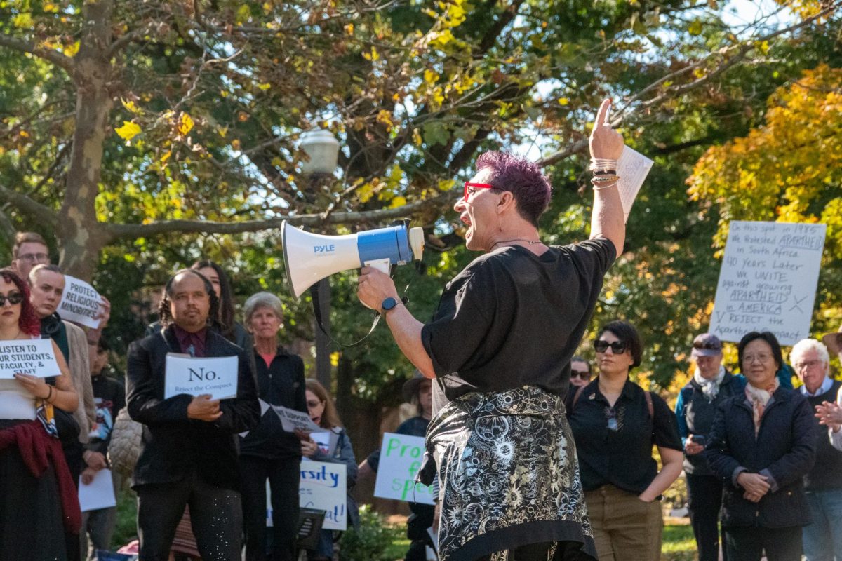 Faculty adviser and professor in the Department of Earth & Environmental Sciences Jonathan Gilligan speaks at No Compact rally, as photographed Nov. 5, 2025. (Hustler Multimedia/Lana English)