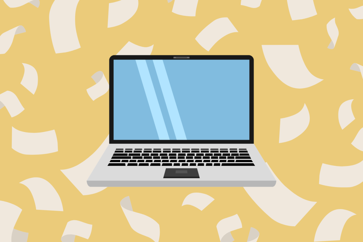 Graphic depicting a computer with papers crowding the background. (Hustler Multimedia/Sragvi Dara)