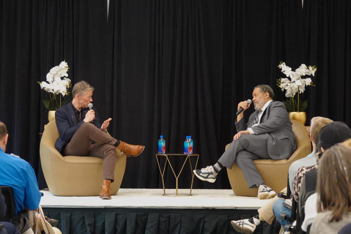 Matthew Desmond and Michael Eric Dyson conversate at Garland Hall, as photographed April 2, 2026. (Hustler Multimedia/Amy He)