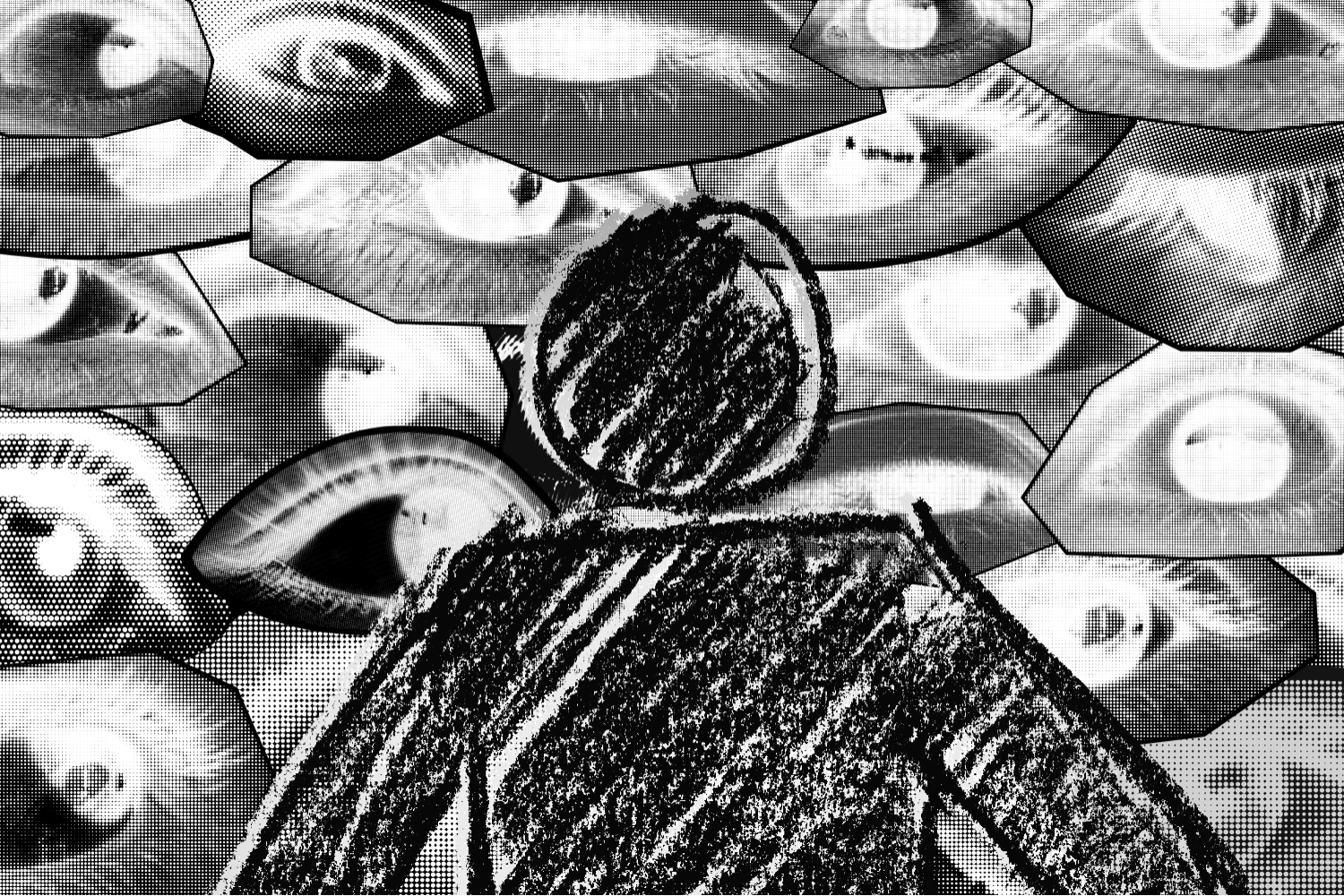 Graphic depicting the weight of anonymous surveillance, where a faceless figure is enclosed by fragmented eyes to symbolize scrutiny, rumor, and the violence of being constantly watched. (Hustler Multimedia/Lexie Perez)