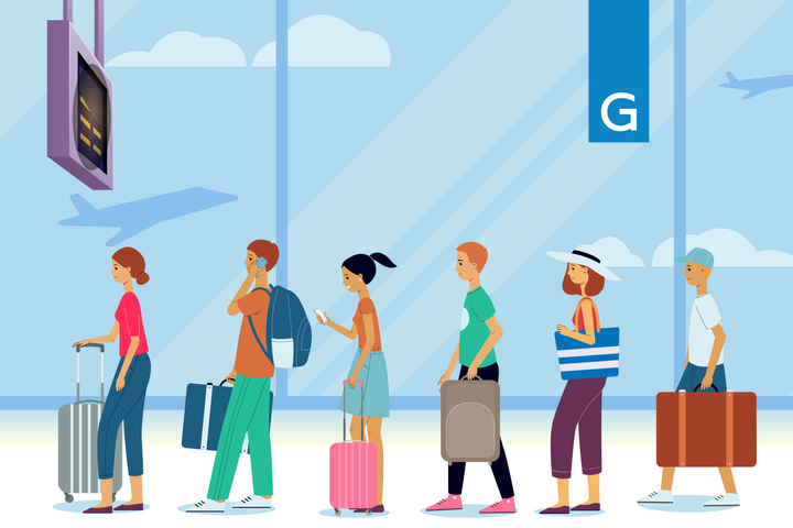 Graphic depicting people waiting in a long line at the airport. (Hustler Multimedia/Sragvi Dara)