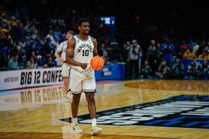 AK Okereke celebrates the win against McNeese State, as photographed March 19, 2026. (Hustler Multimedia/Michael Tung)