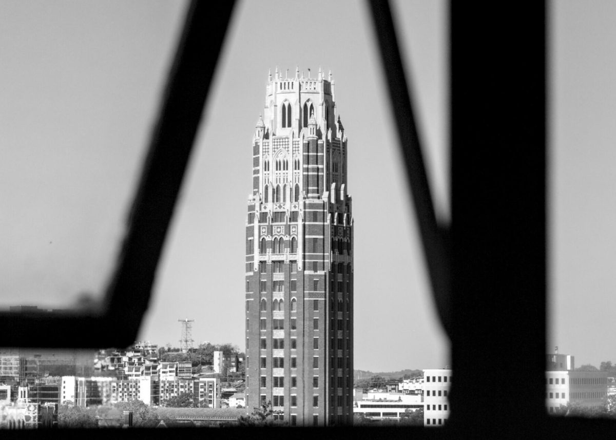 West End Tower stands in sunlight, seen through a partially open window from Stevenson Center Building 6, as photographed Oct. 19, 2025. (Hustler Multimedia/George Albu)