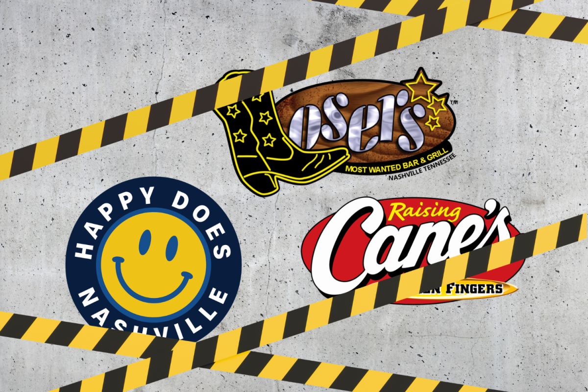 A graphic depicting the logos of Losers, Happy Does and Raising Cane’s over a concrete background, with construction tape. (Hustler Multimedia/Sragvi Dara)