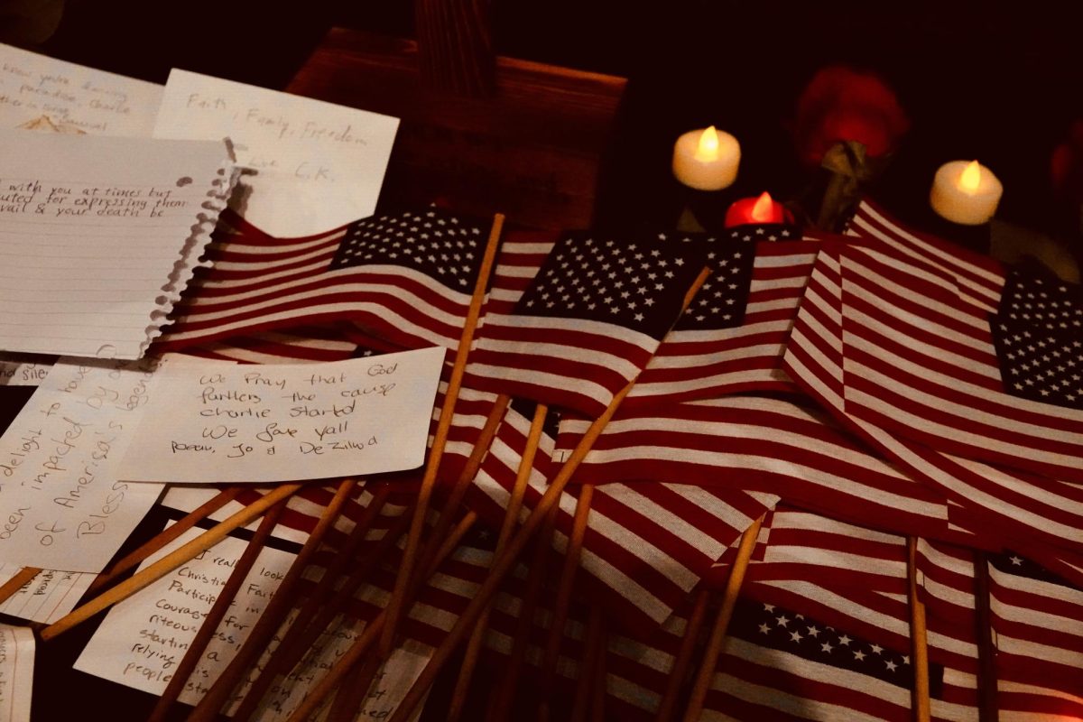 American flags and notes to Kirk show support, as photographed Sept. 17, 2025. (Hustler Multimedia/Chloe Pryor)