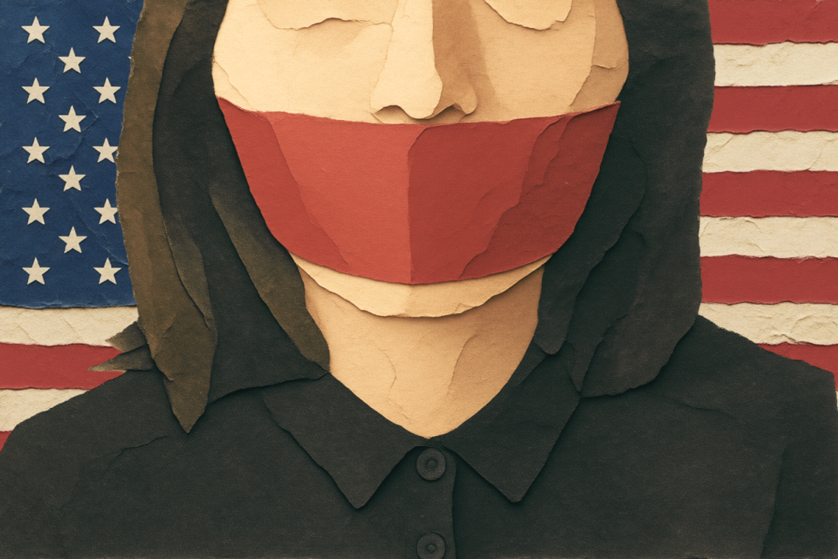 Graphic depicting a woman with a covered mouth standing against an American flag. (Hustler Multimedia/Sragvi Dara)