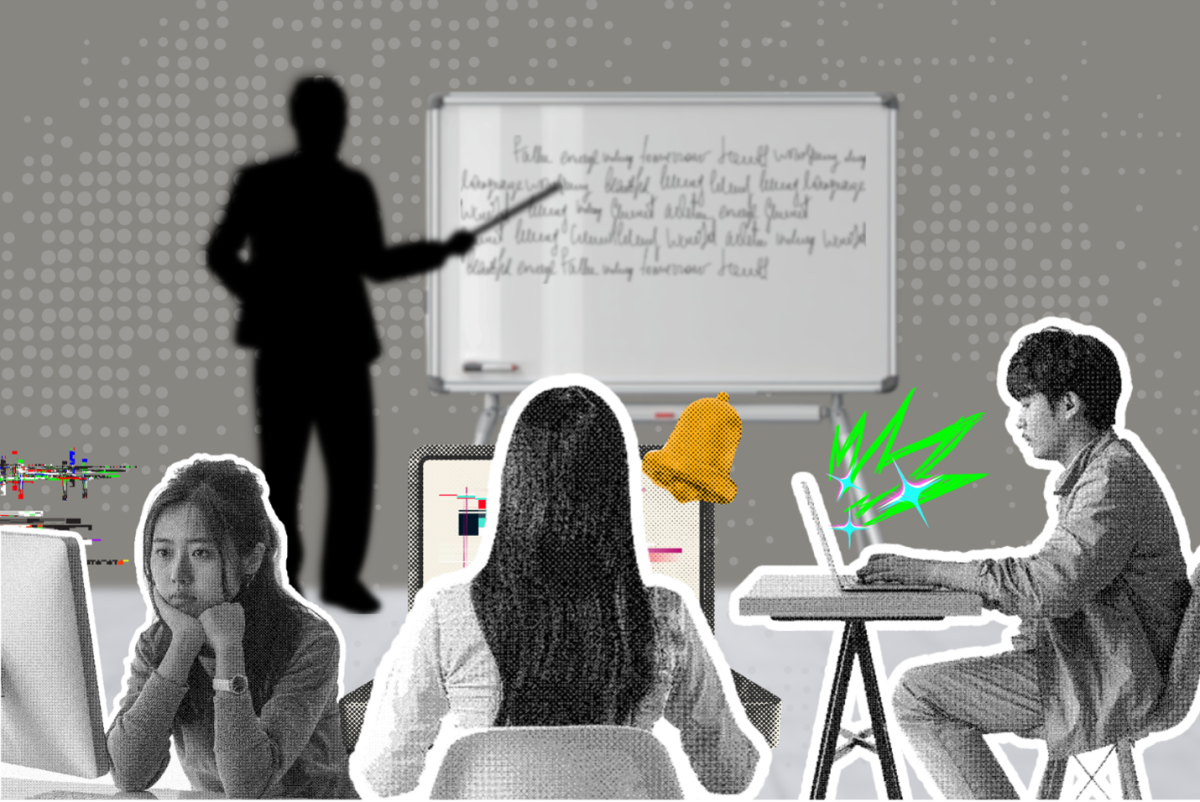 A graphic depicting three students staring into their computers with chimes and notifications while a shadowed instructor lectures in the background. (Hustler Multimedia/Lexie Perez)