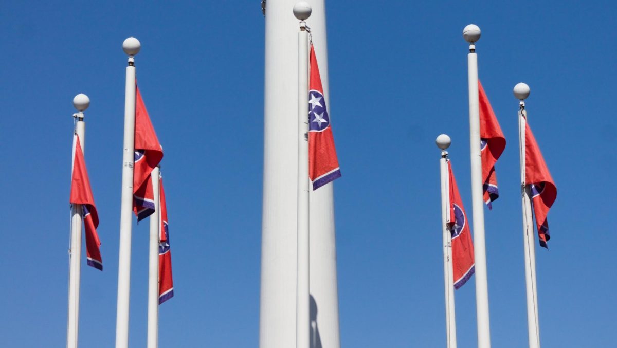 Multiple Tennessee state flags fly atop of poles, as photographed Sept. 12, 2025. (Hustler Multimedia/George Albu)