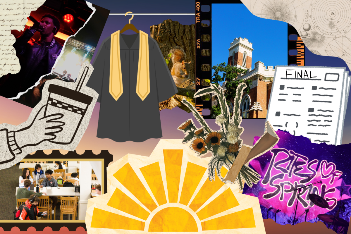 Graphic depicting a collage of items including a graduation gown, flowers, a final paper and the Rites of Spring logo. (Hustler Multimedia/Lexie Perez)