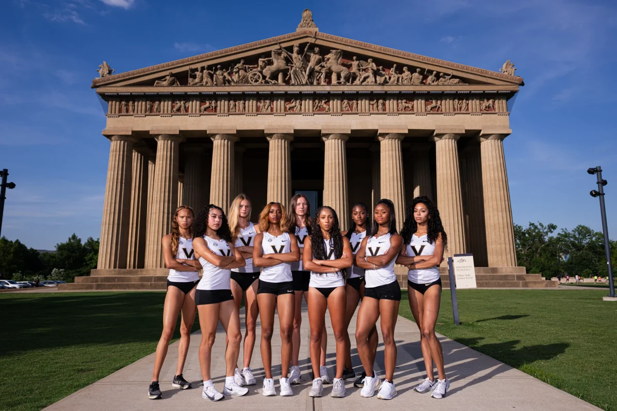 Lena Gooden, Josie Donelson, Marta Sivina, Joy Moorer, Elizabeth Bailey, Jayden Hill, Madyson Wilson, Falon Spearman and Faith Franklin pose for the NCAA Championships, as photographed June 10, 2026. (Photo courtesy of Vanderbilt Athletics)