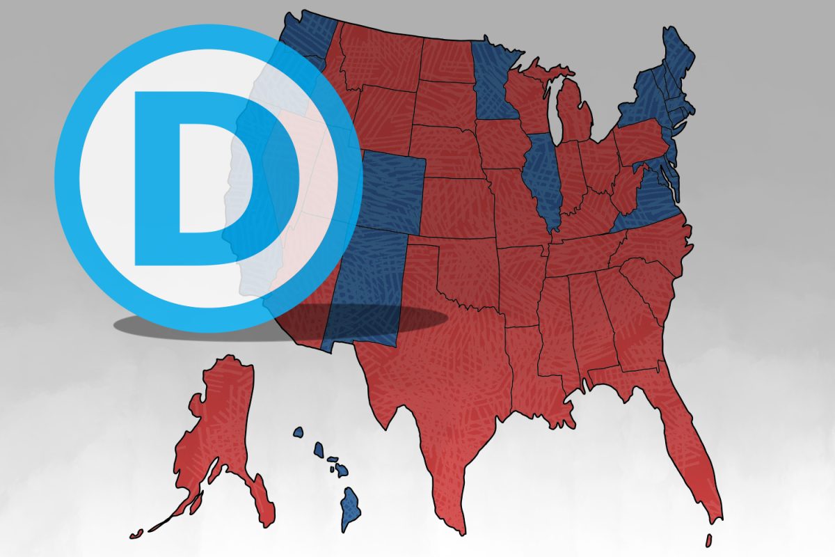 A graphic depicting the Democratic National Committee logo looming over a 2024 U.S. election map. (Hustler Multimedia/Fanga Rajan)