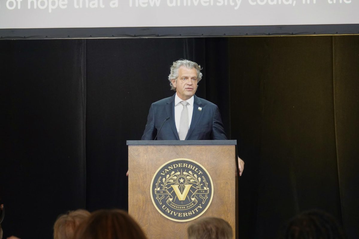 Chancellor Daniel Diermeier stands at a podium at an event, as photographed Oct. 3, 2025. (Hustler Multimedia/Shayna Kar) 