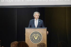 Chancellor Daniel Diermeier stands at a podium at an event, as photographed Oct. 3, 2025. (Hustler Multimedia/Shayna Kar) 