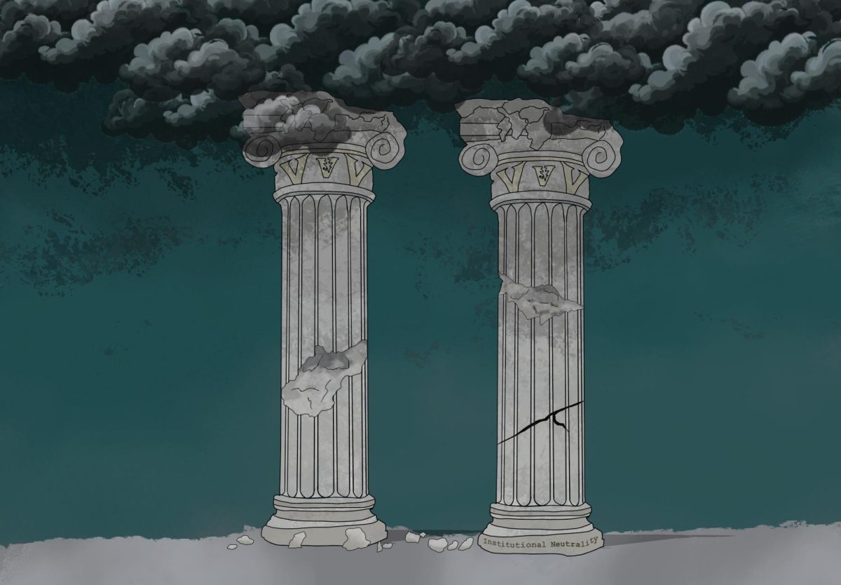 A graphic depicting two pillars cracking under institutional neutrality at Vanderbilt. (Hustler Multimedia/Fanga Rajan) 